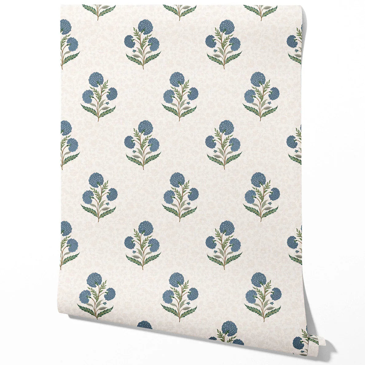 Floral Block Print Traditional Wallpaper (Blue/ Green/ Soft Taupe)
