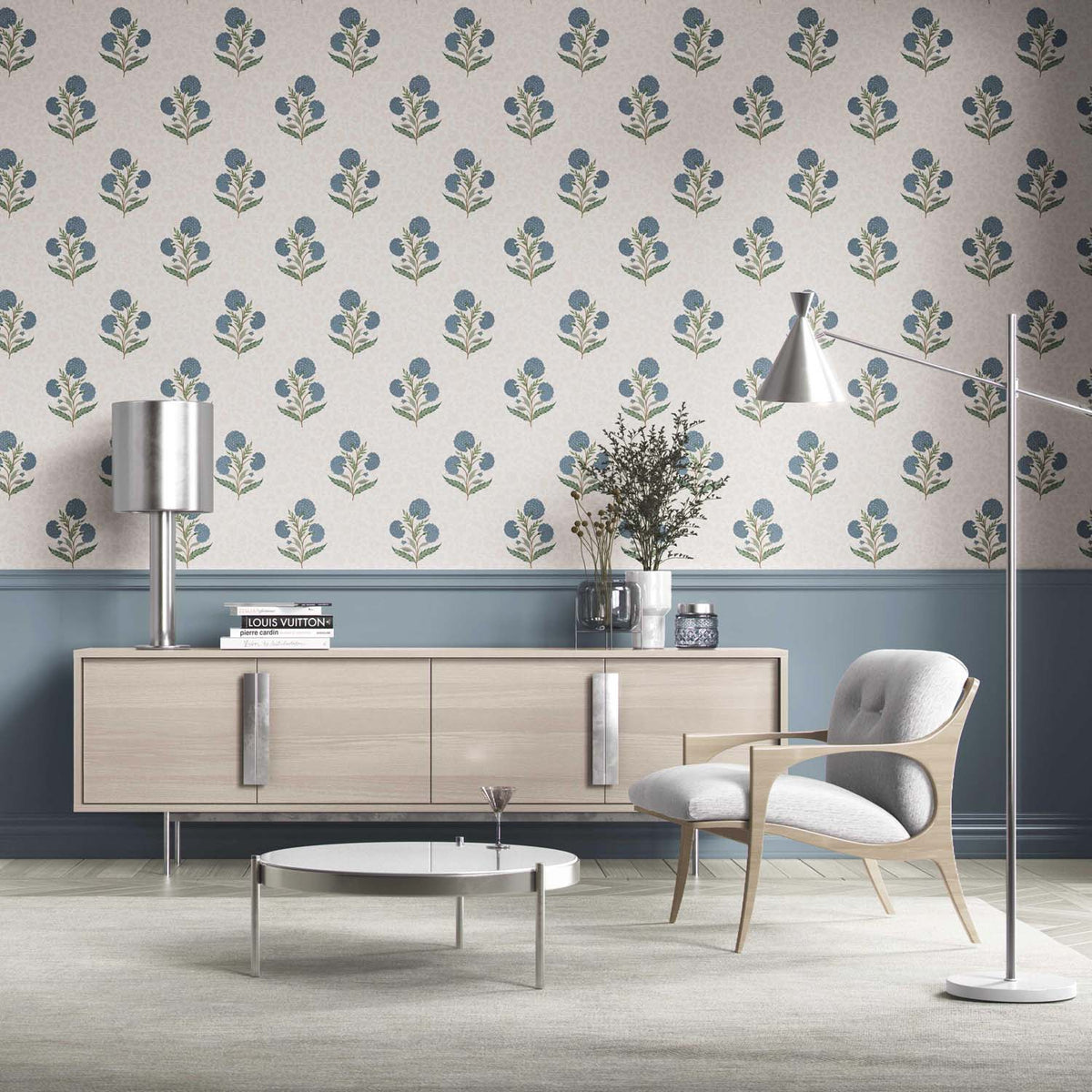 Floral Block Print Kitchen Wallpaper Sample (Blue/ Green/ Soft Taupe)