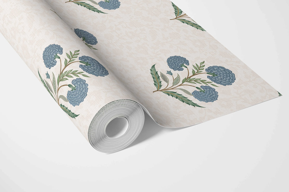 Floral Block Print Bathroom Wallpaper Sample (Blue/ Green/ Soft Taupe)