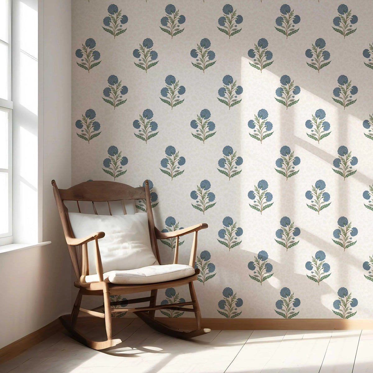 Floral Block Print Nursery Wallpaper (Blue/ Green/ Soft Taupe)
