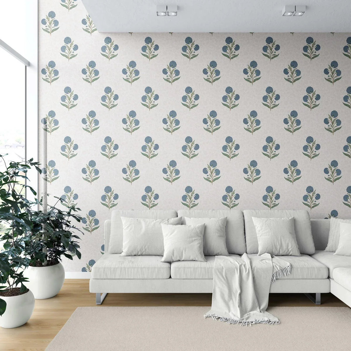 Floral Block Print Shower Toilet Wallpaper Sample (Blue/ Green/ Soft Taupe)