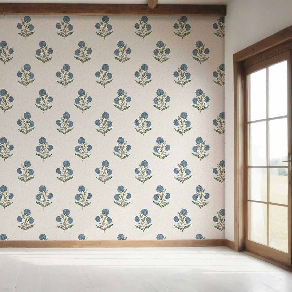 Floral Block Print Bedroom Wallpaper (Blue/ Green/ Soft Taupe)