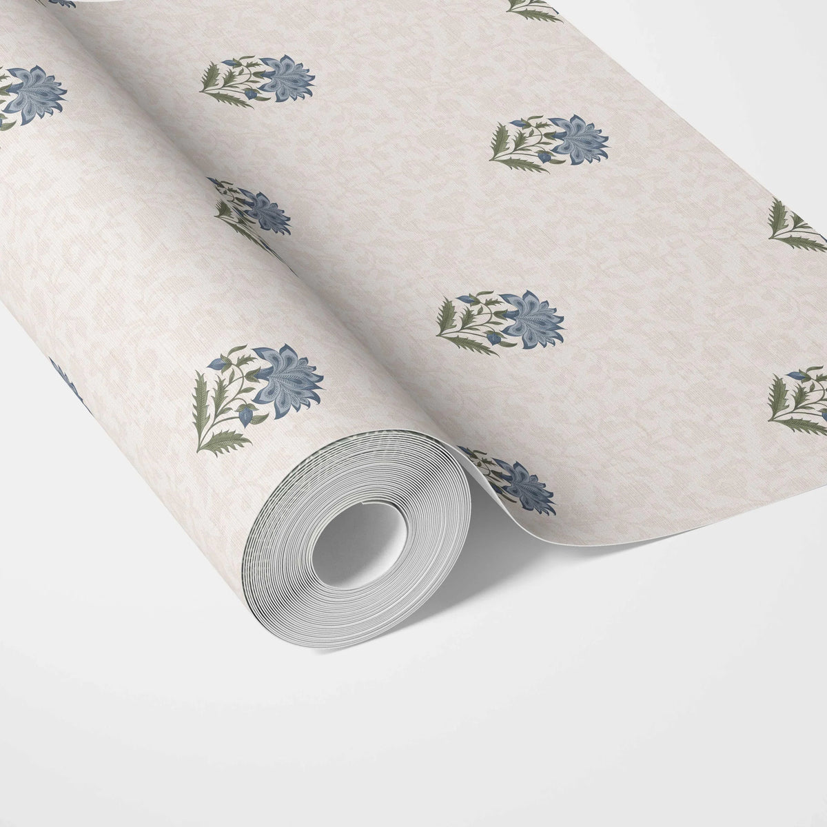 Botanical/ Floral Block Print Kitchen Wallpaper Sample (Blue/ Green/ Taupe)