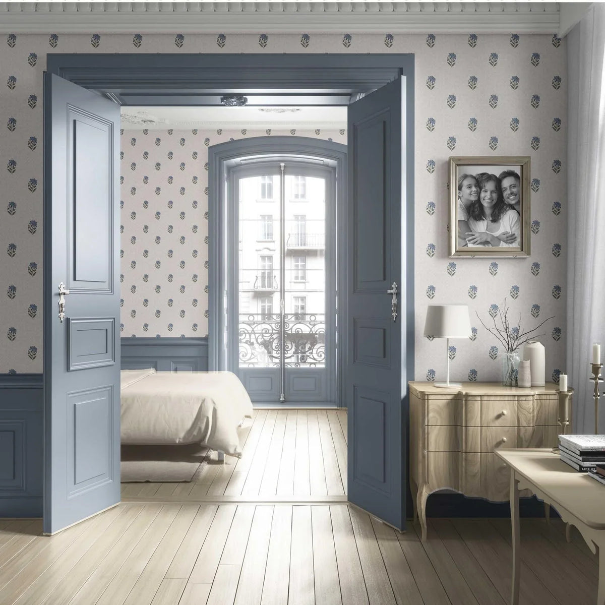 Botanical/ Floral Block Print Living Room Wallpaper Sample (Blue/ Green/ Taupe)