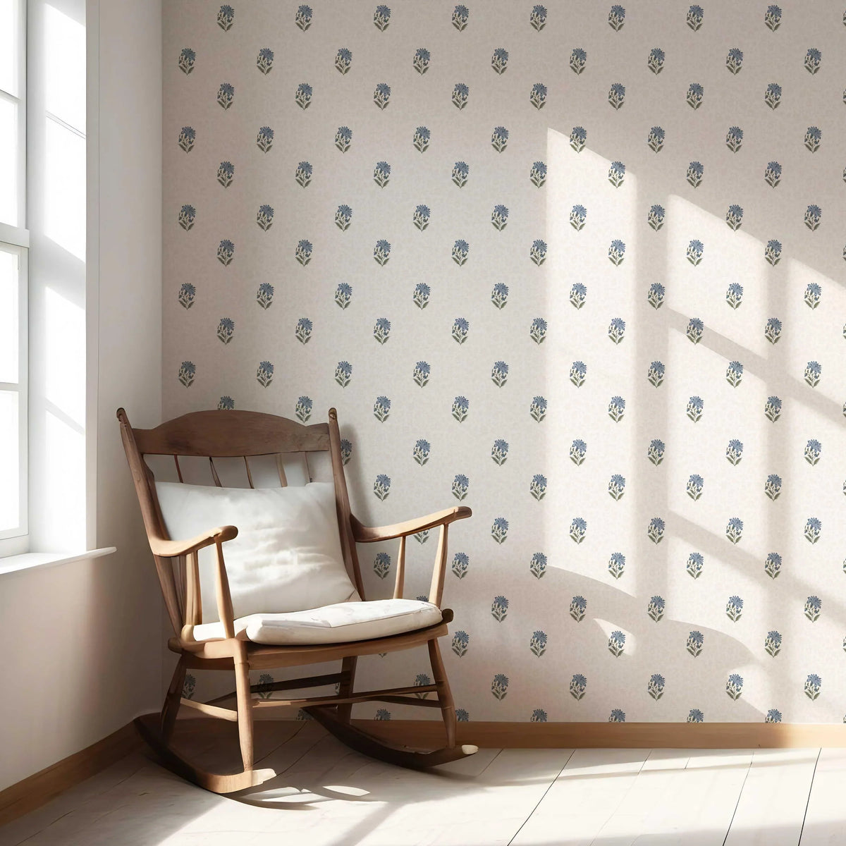 Botanical/ Floral Block Print Nursery Wallpaper Sample (Blue/ Green/ Taupe)