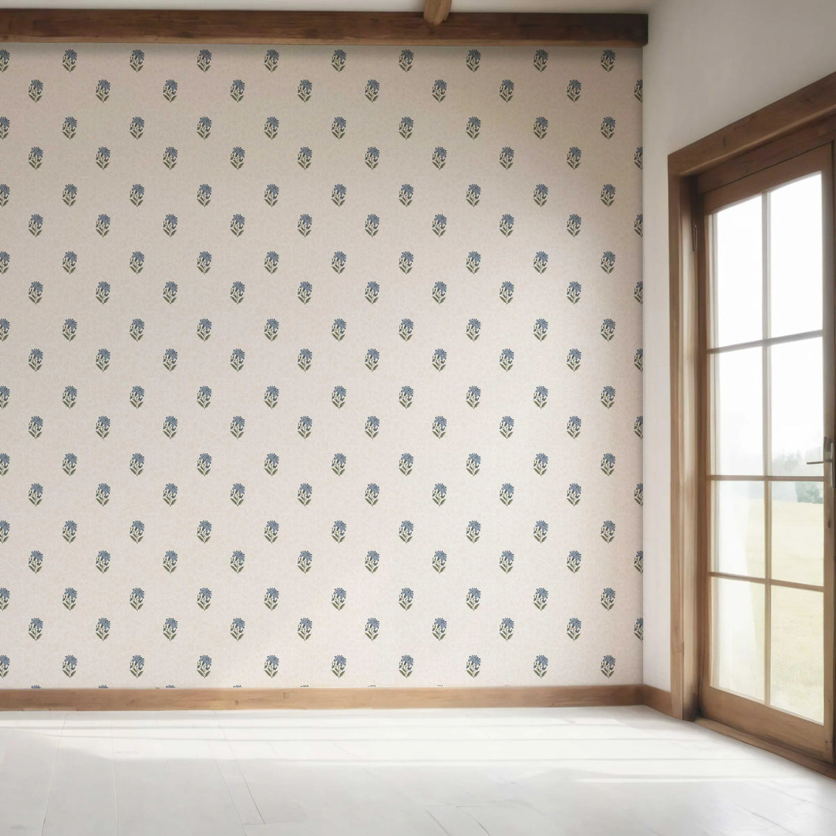 Botanical/ Floral Block Print Bedroom Wallpaper Sample (Blue/ Green/ Taupe)
