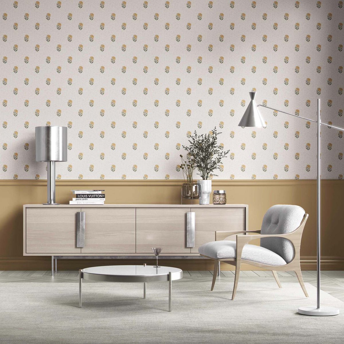 Botanical/ Floral Block Print Bathroom Wallpaper (Yellow/ Green/ Taupe)