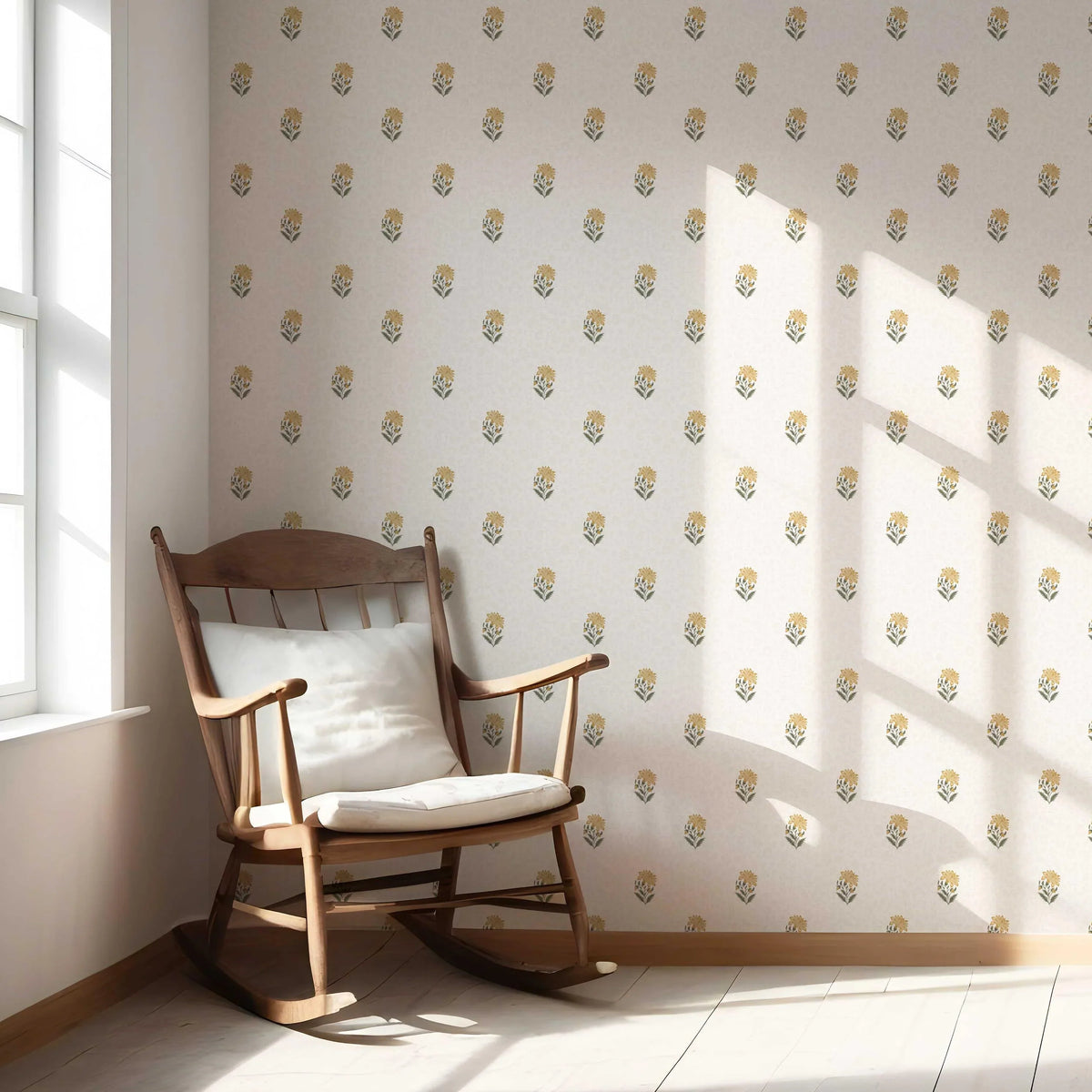 Botanical/ Floral Block Print Nursery Wallpaper (Yellow/ Green/ Taupe)