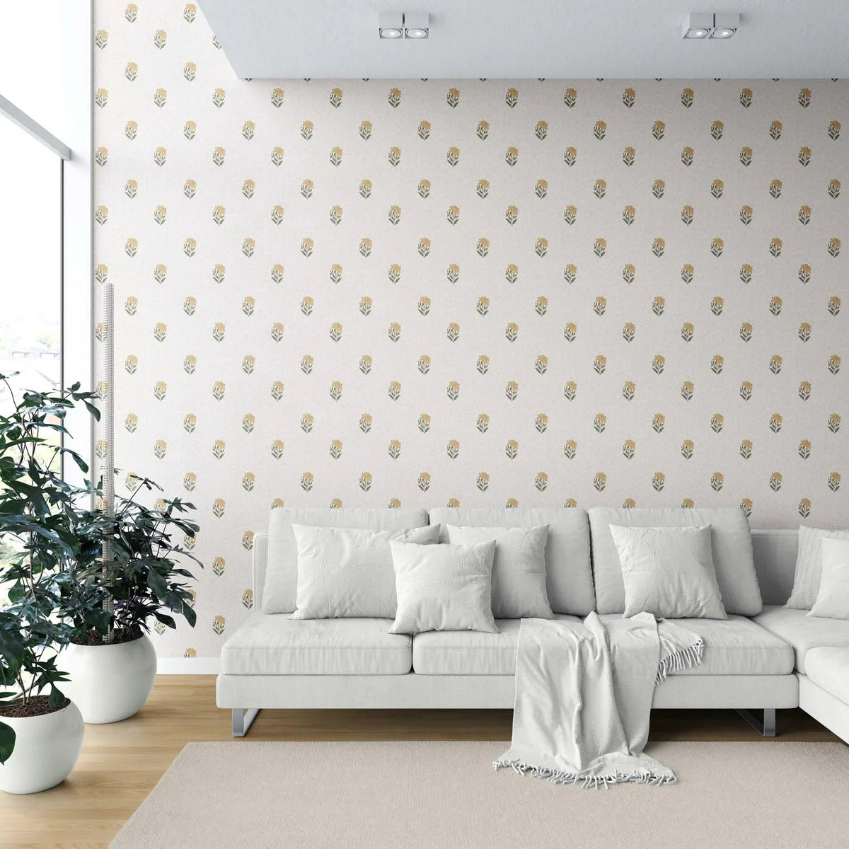 Botanical/ Floral Block Print Shower Toilet Wallpaper (Yellow/ Green/ Taupe)