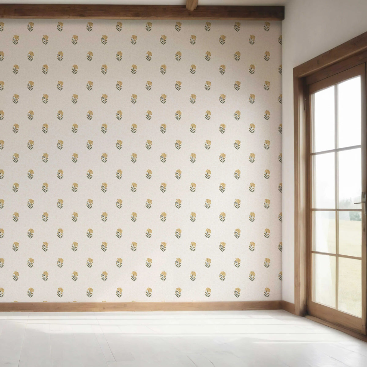 Botanical/ Floral Block Print Bedroom Wallpaper (Yellow/ Green/ Taupe)
