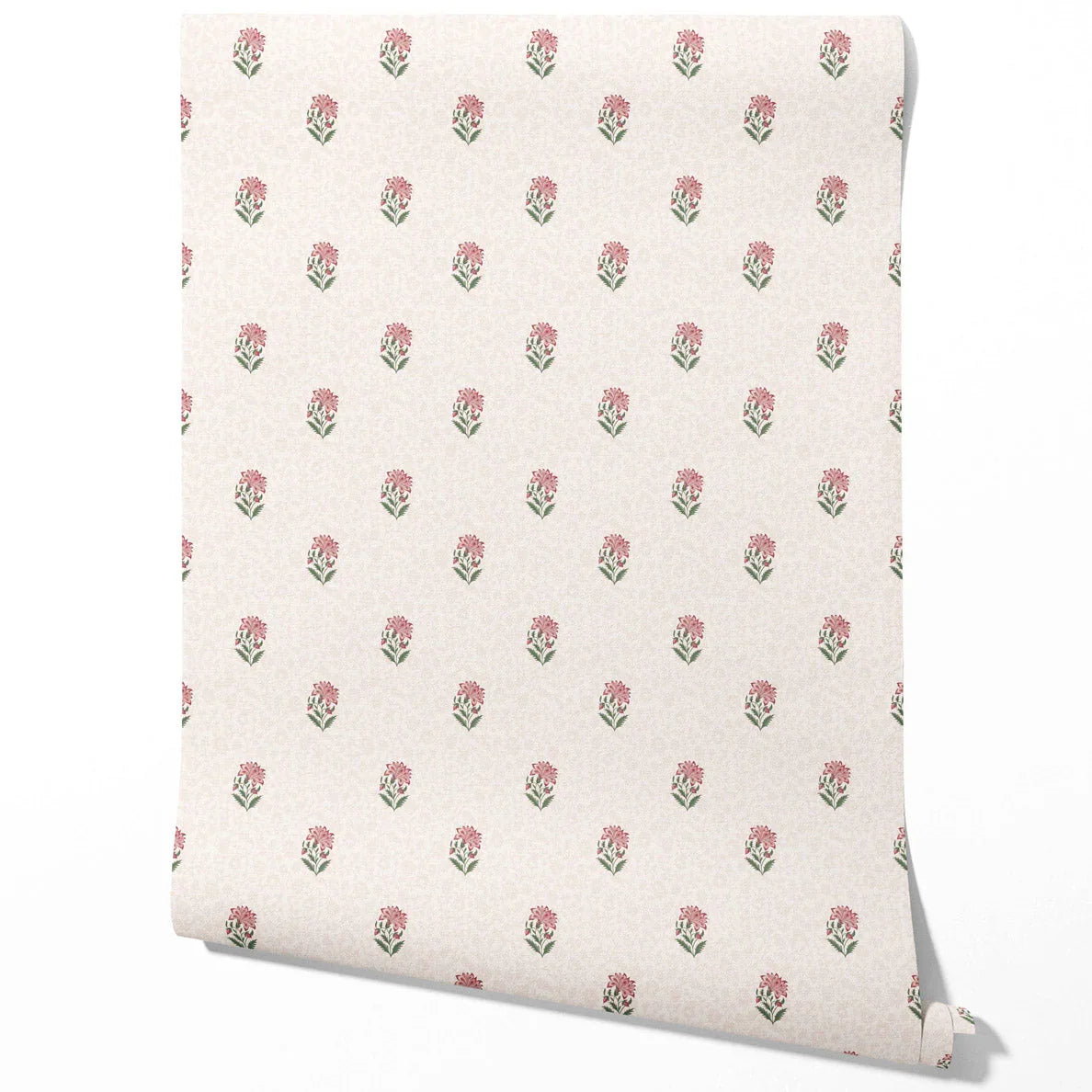Botanical/ Floral Block Print Traditional Wallpaper (Pink/ Green/ Taupe)