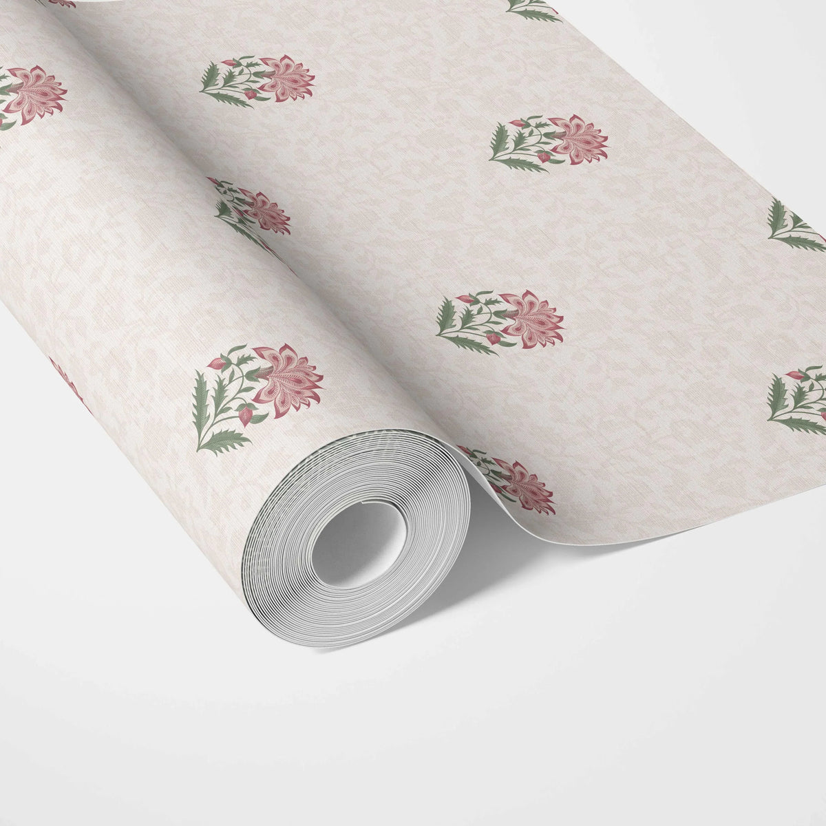 Botanical/ Floral Block Print Kitchen Wallpaper Sample (Pink/ Green/ Taupe)