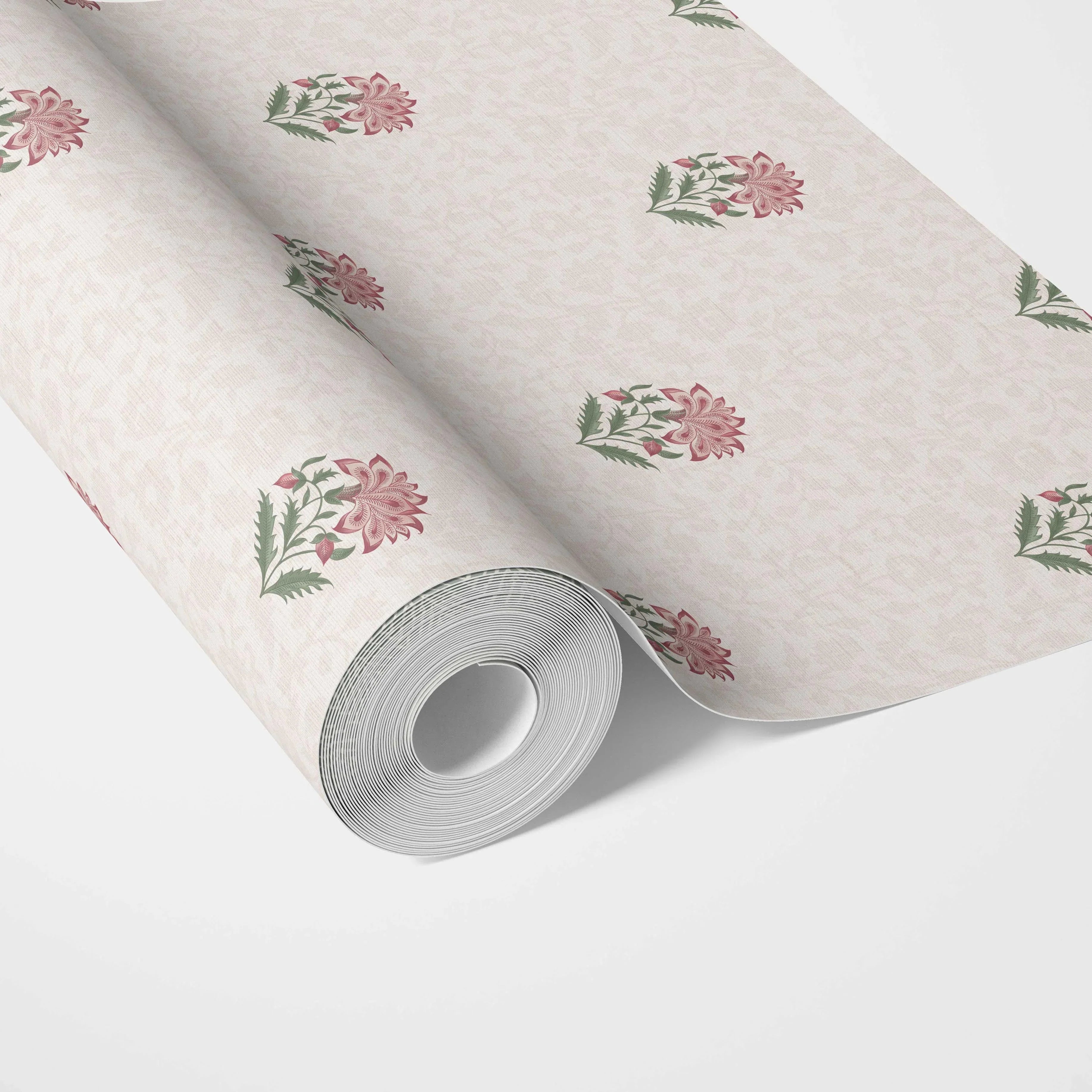 Botanical/ Floral Block Print Kitchen Wallpaper Sample (Pink/ Green/ Taupe)