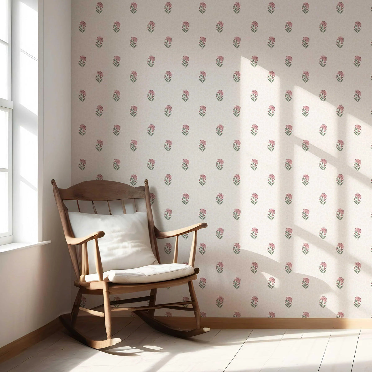 Botanical/ Floral Block Print Nursery Wallpaper Sample (Pink/ Green/ Taupe)