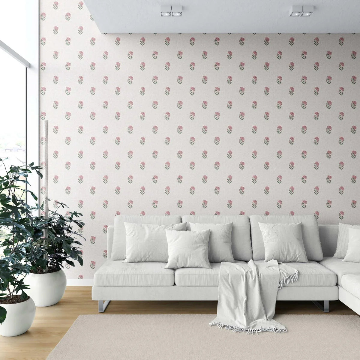 Botanical/ Floral Block Print Shower Toilet Wallpaper (Pink/ Green/ Taupe)