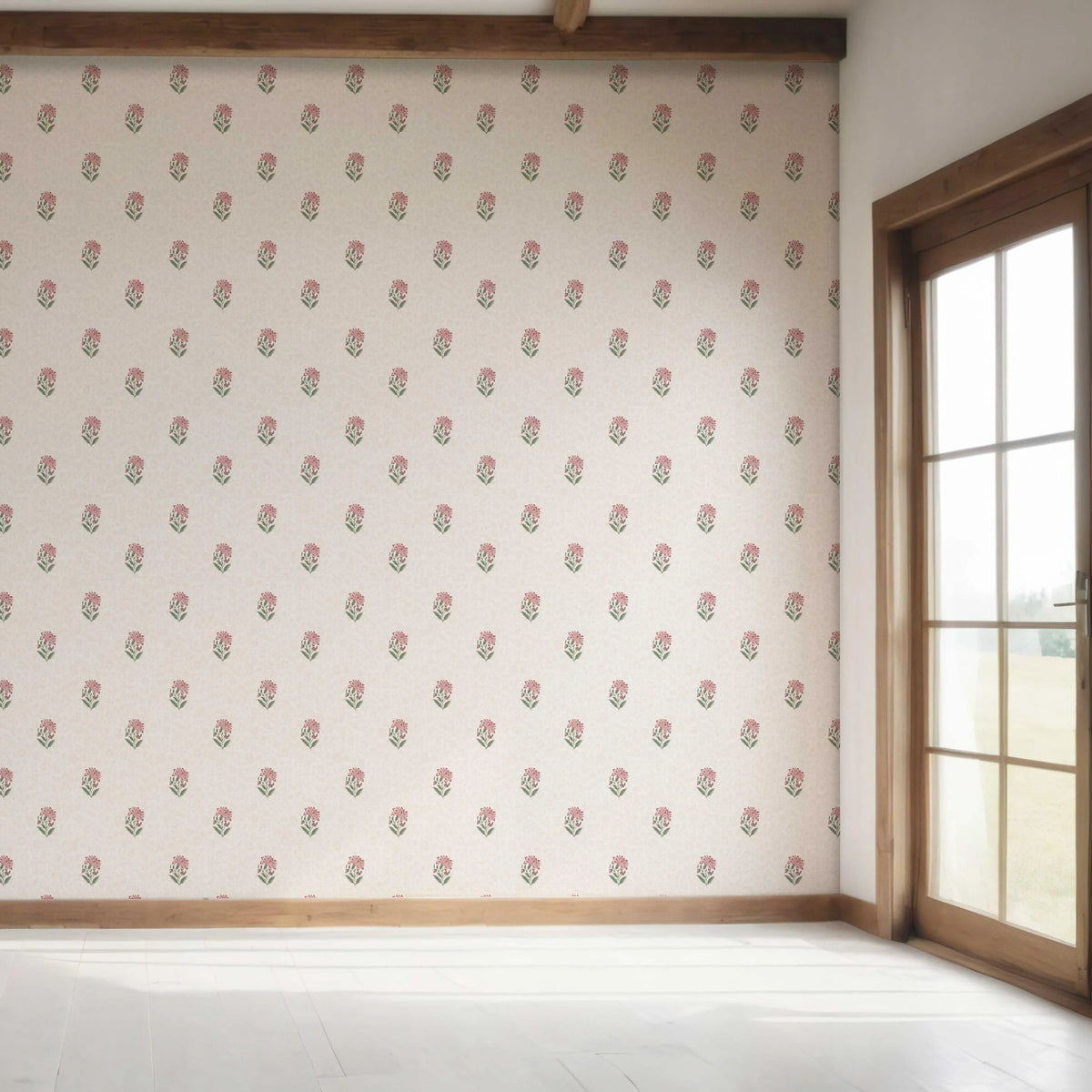 Botanical/ Floral Block Print Bedroom Wallpaper Sample (Pink/ Green/ Taupe)