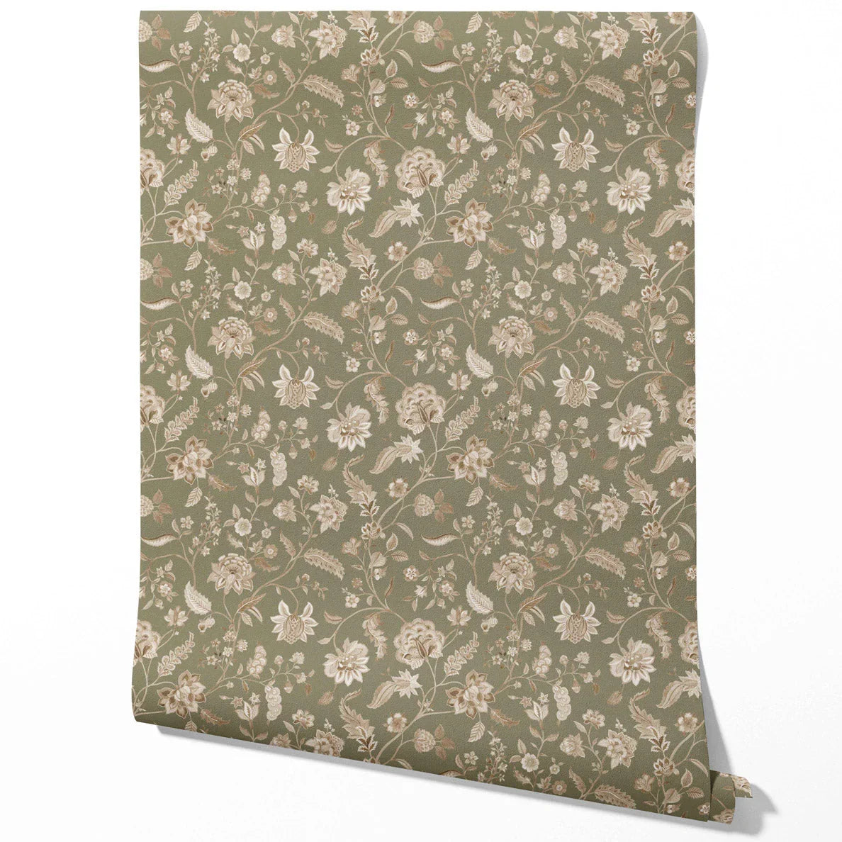 Floral/ Botanical Patterned Traditional Wallpaper (Olive Green/ Beige)
