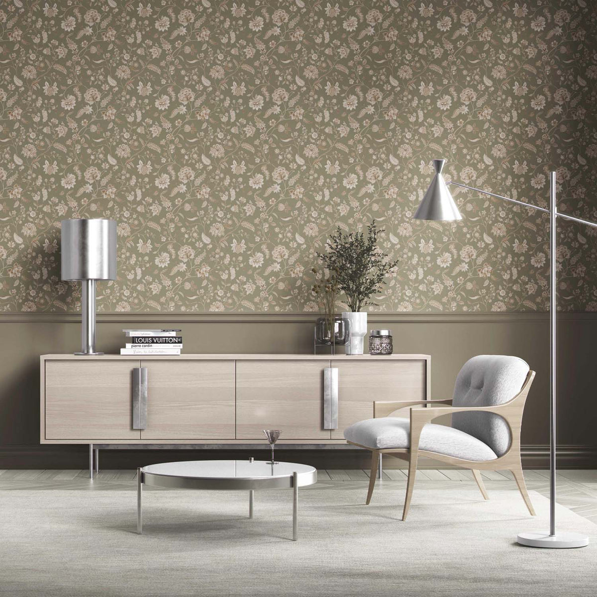Floral/ Botanical Patterned Kitchen Wallpaper (Olive Green/ Beige)
