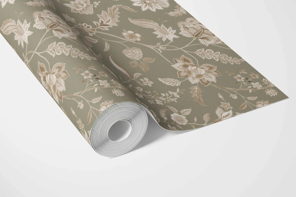 Floral/ Botanical Patterned Bathroom Wallpaper Sample (Olive Green/ Beige)