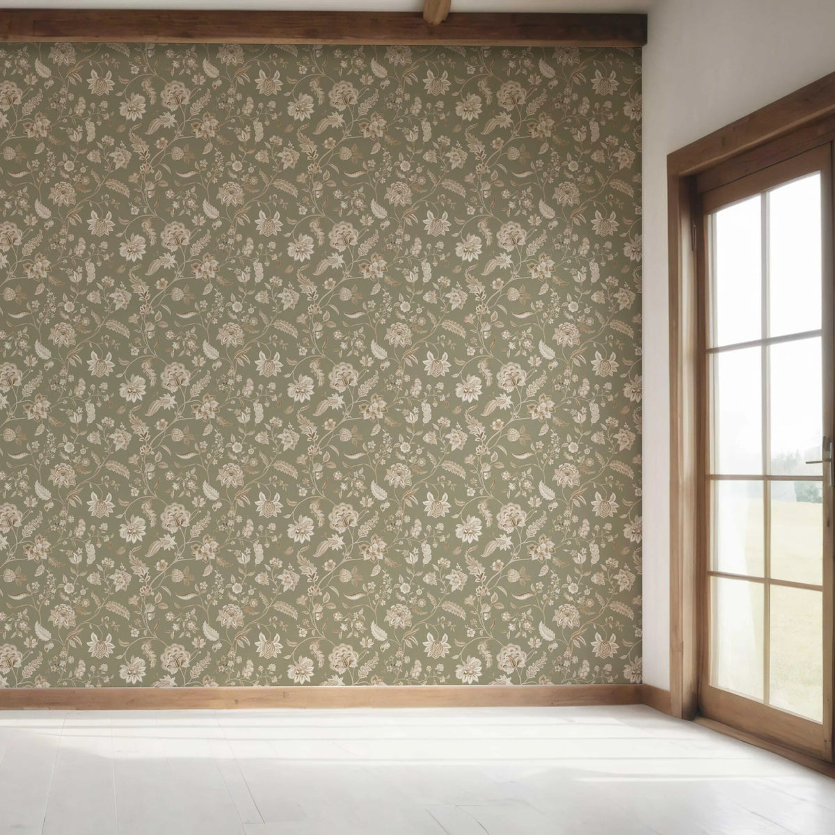 Floral/ Botanical Patterned Bedroom Wallpaper (Olive Green/ Beige)