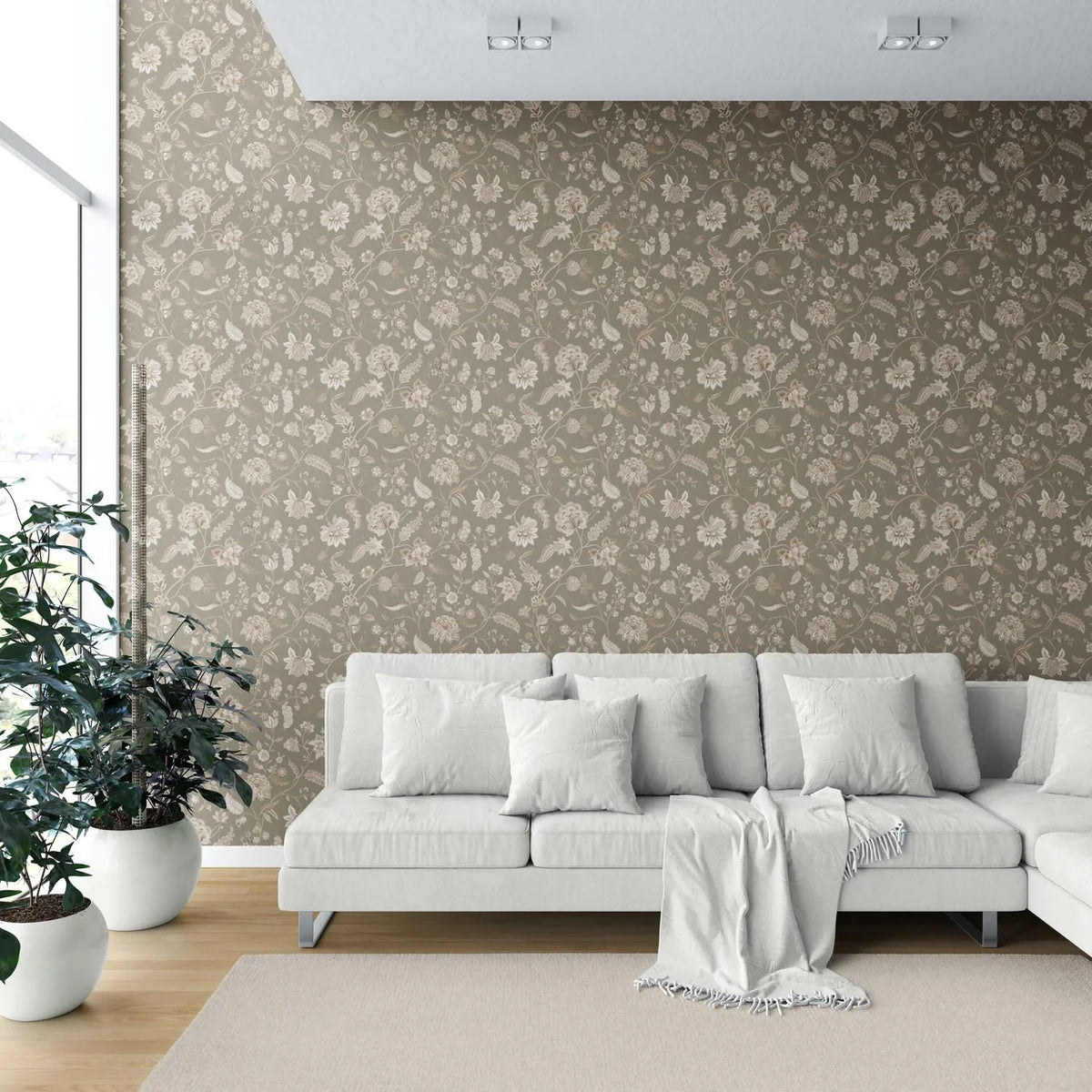 Floral/ Botanical Patterned Shower Toilet Wallpaper Sample (Olive Green/ Brown/ Beige)