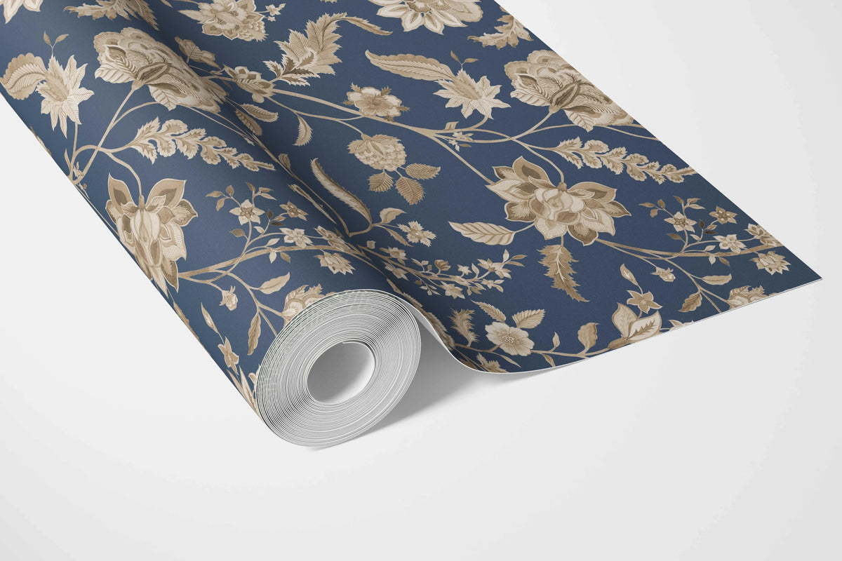 Floral/ Botanical Patterned Bathroom Wallpaper Sample (Navy Blue/ Beige)