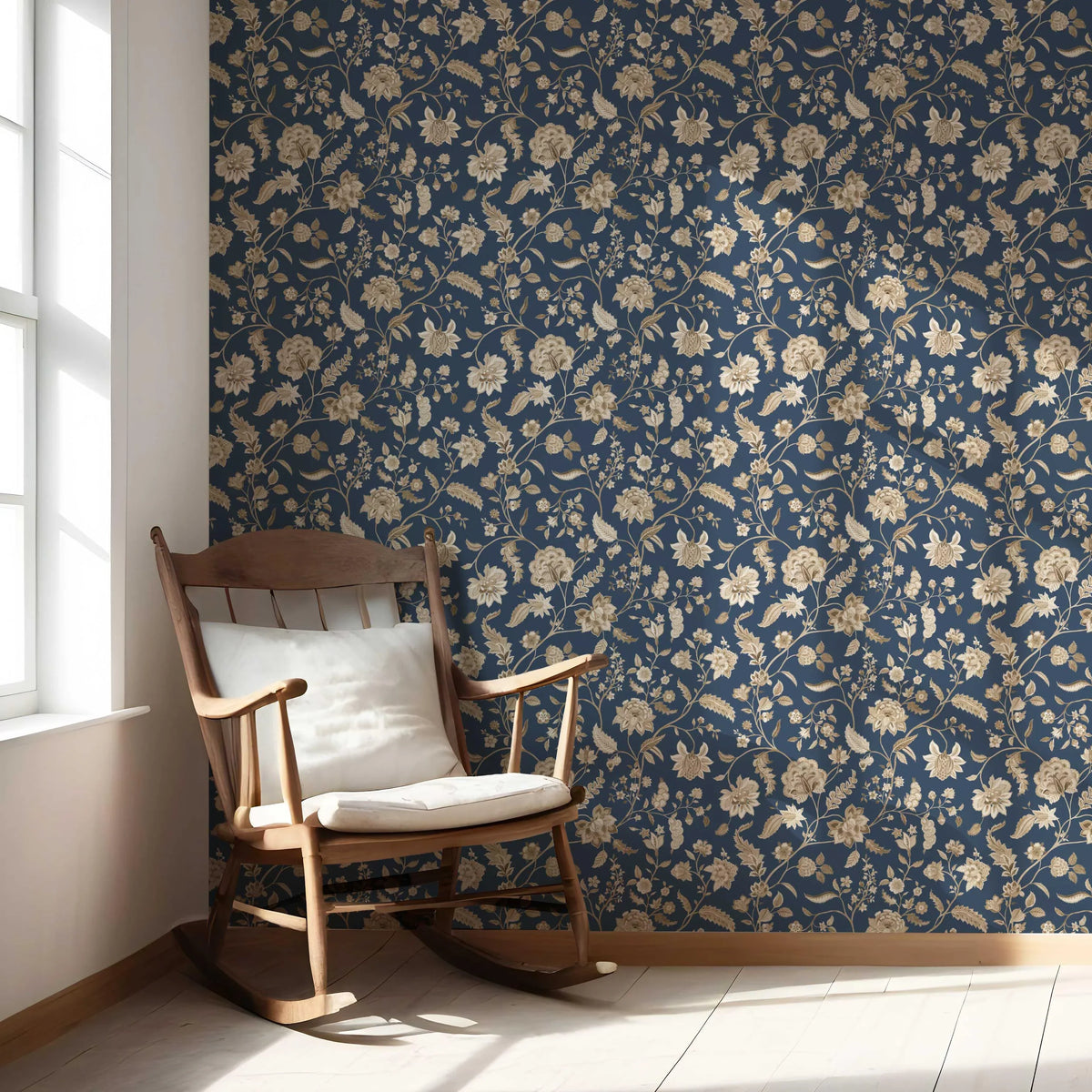 Floral/ Botanical Patterned Nursery Wallpaper Sample (Navy Blue/ Beige)