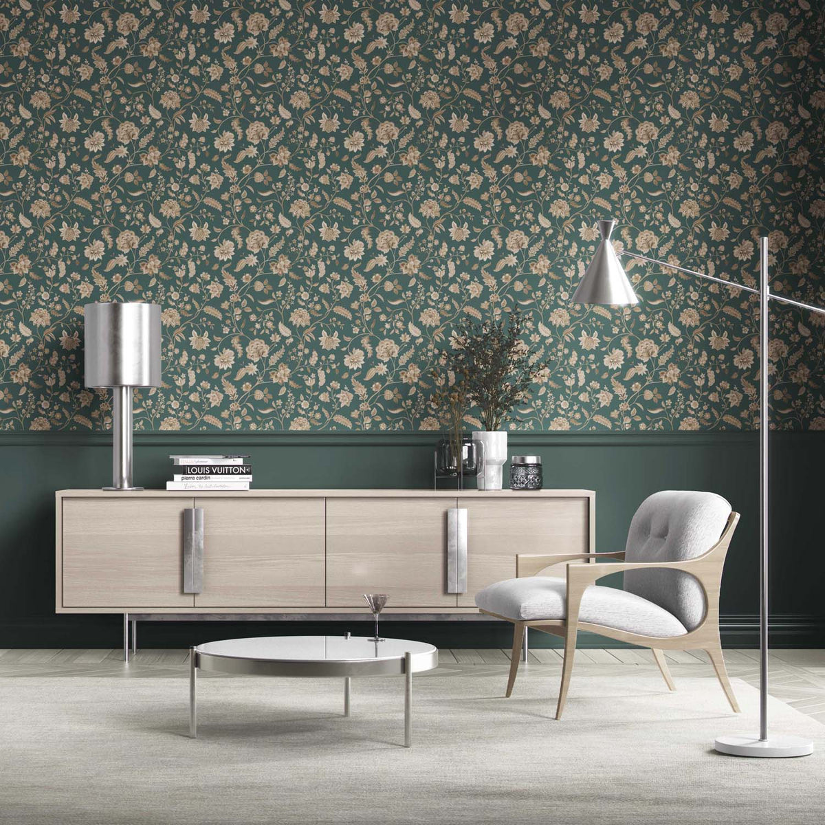 Floral/ Botanical Patterned Kitchen Wallpaper Sample (Emerald Green/ Beige)
