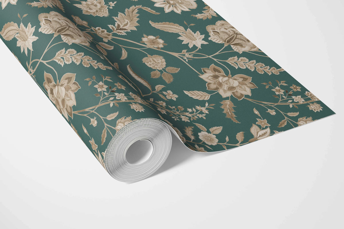Floral/ Botanical Patterned Bathroom Wallpaper Sample (Emerald Green/ Beige)