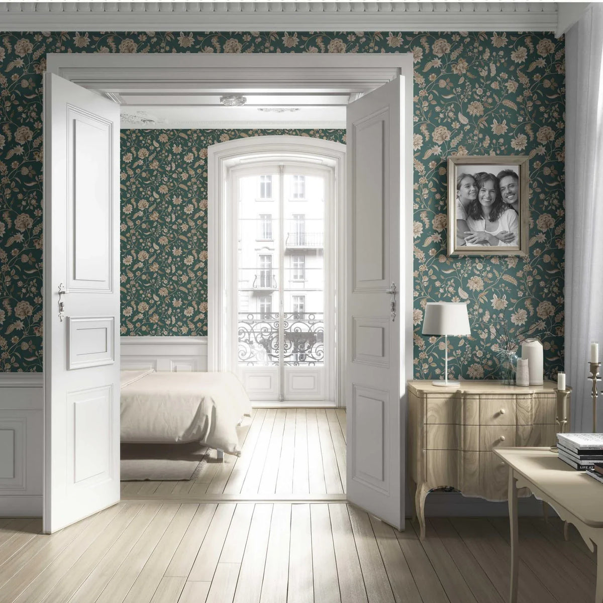 Floral/ Botanical Patterned Living Room Wallpaper Sample (Emerald Green/ Beige)