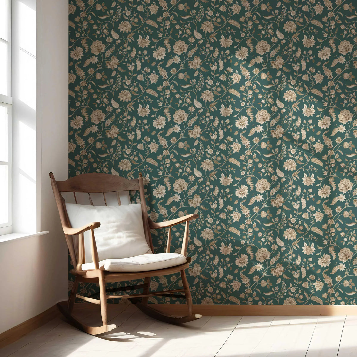 Floral/ Botanical Patterned Nursery Wallpaper (Emerald Green/ Beige)