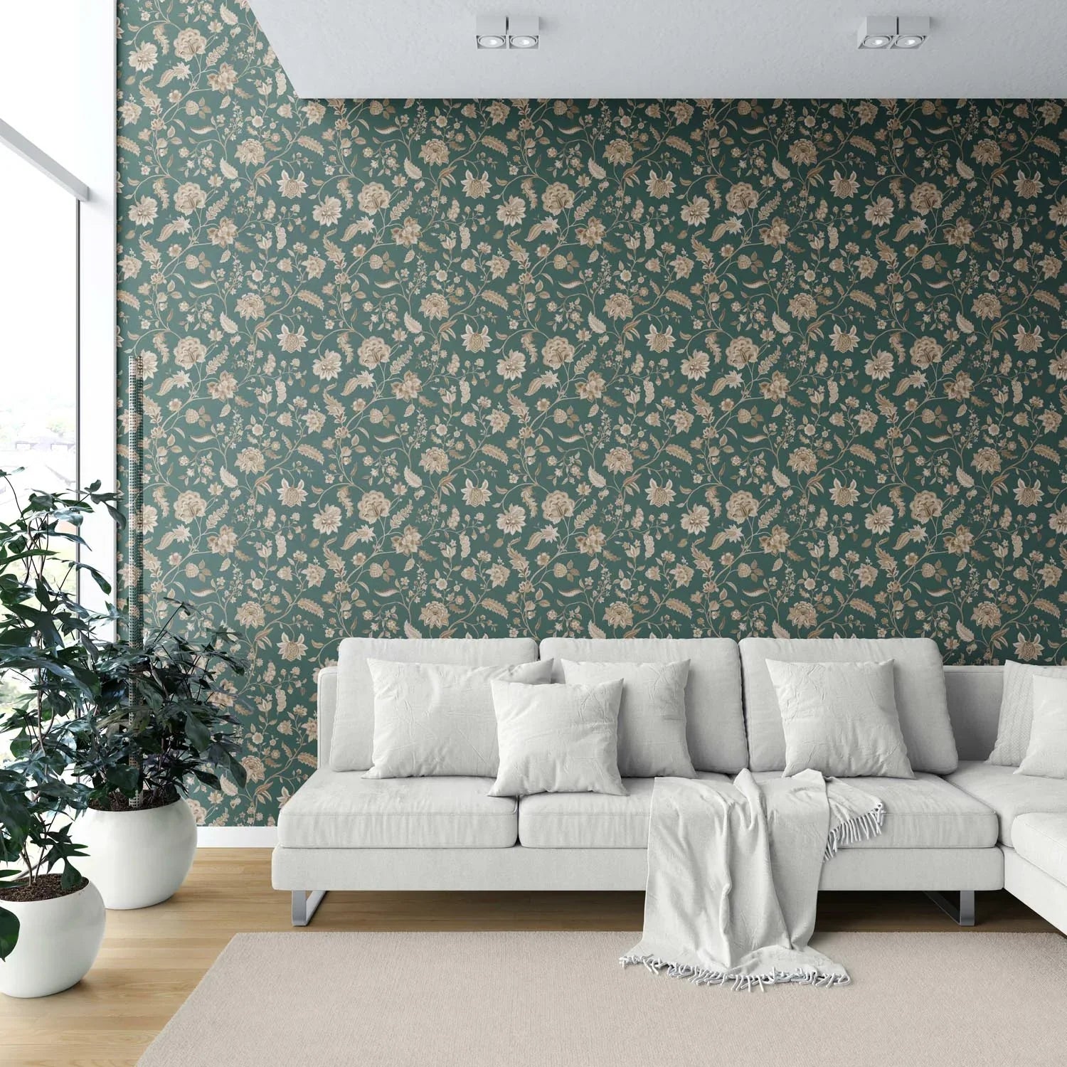Floral/ Botanical Patterned Shower Toilet Wallpaper Sample (Emerald Green/ Beige)