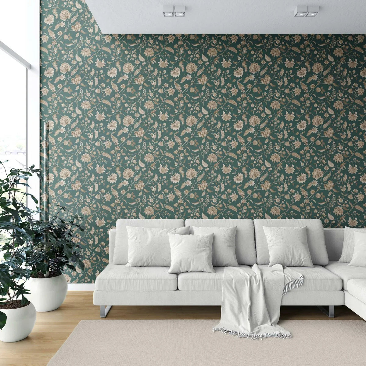 Floral/ Botanical Patterned Shower Toilet Wallpaper Sample (Emerald Green/ Beige)
