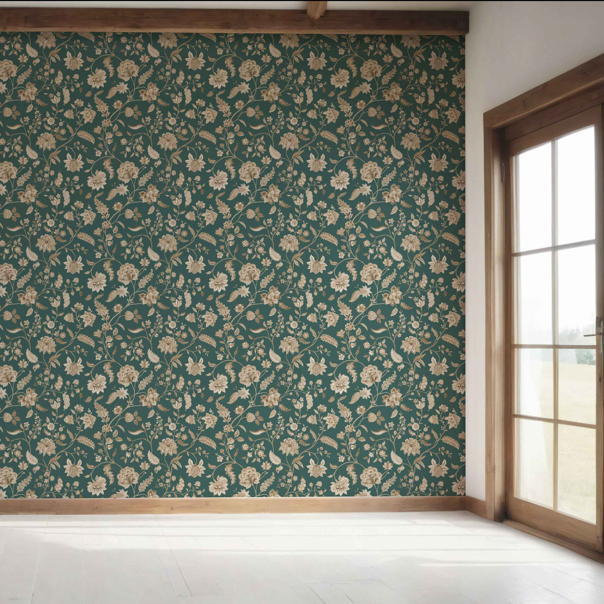 Floral/ Botanical Patterned Bedroom Wallpaper Sample (Emerald Green/ Beige)