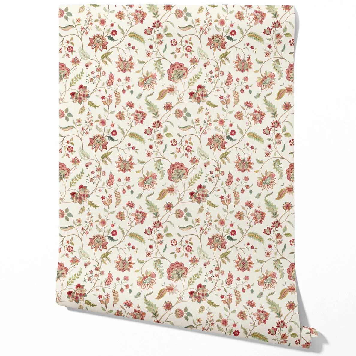 Floral/ Botanical Patterned Traditional Wallpaper Sample (Red/ Green/ Soft Taupe)