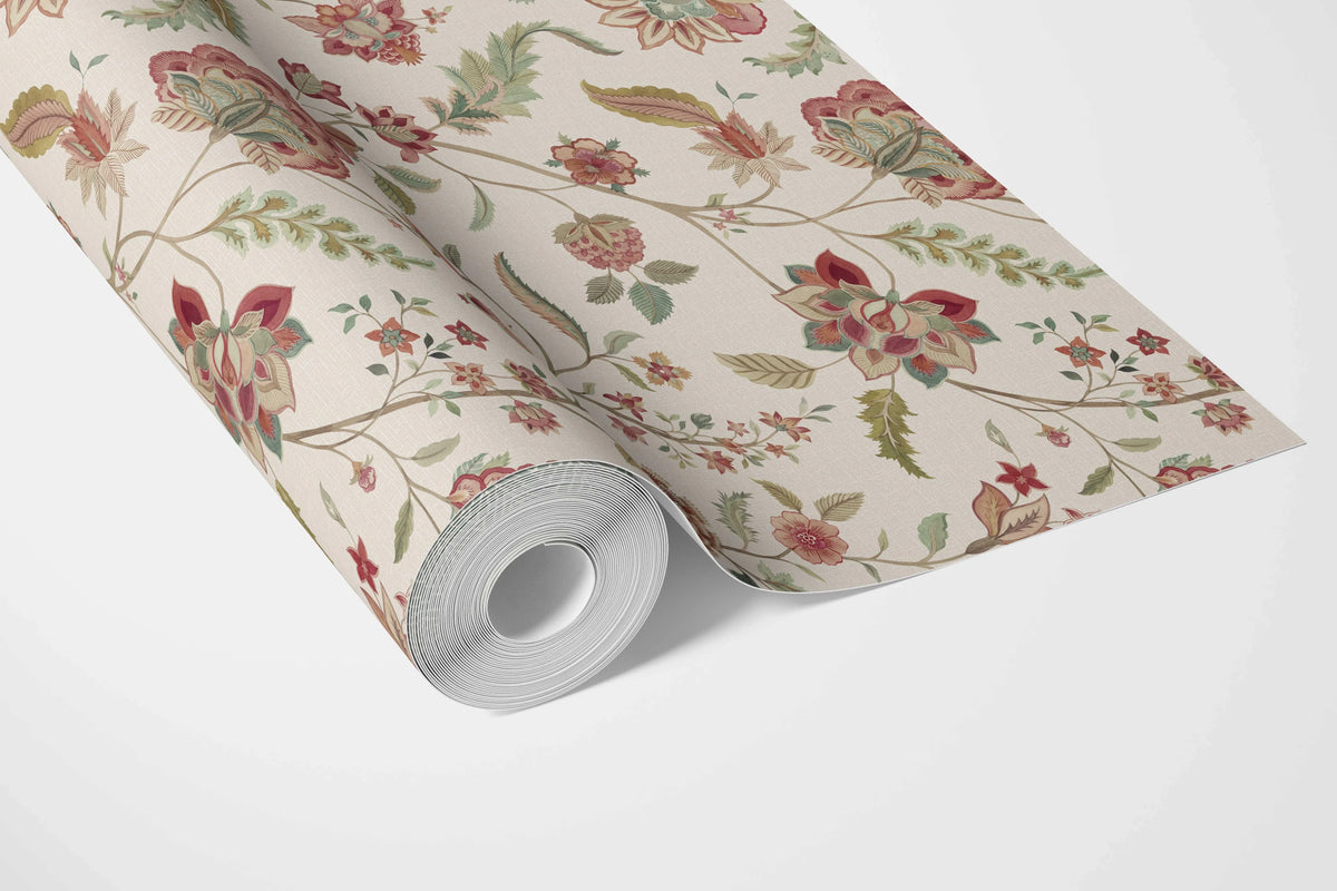 Floral/ Botanical Patterned Bathroom Wallpaper Sample (Red/ Green/ Soft Taupe)