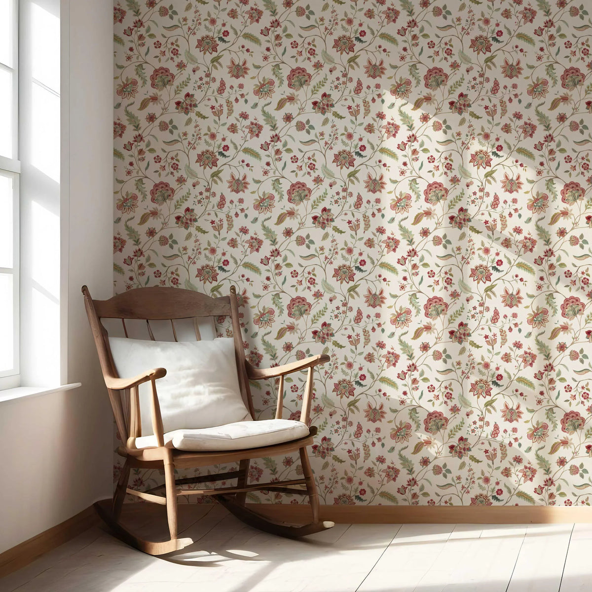 Floral/ Botanical Patterned Nursery Wallpaper Sample (Red/ Green/ Soft Taupe)