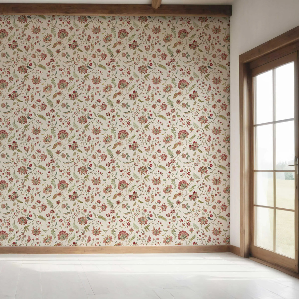Floral/ Botanical Patterned Bedroom Wallpaper Sample (Red/ Green/ Soft Taupe)