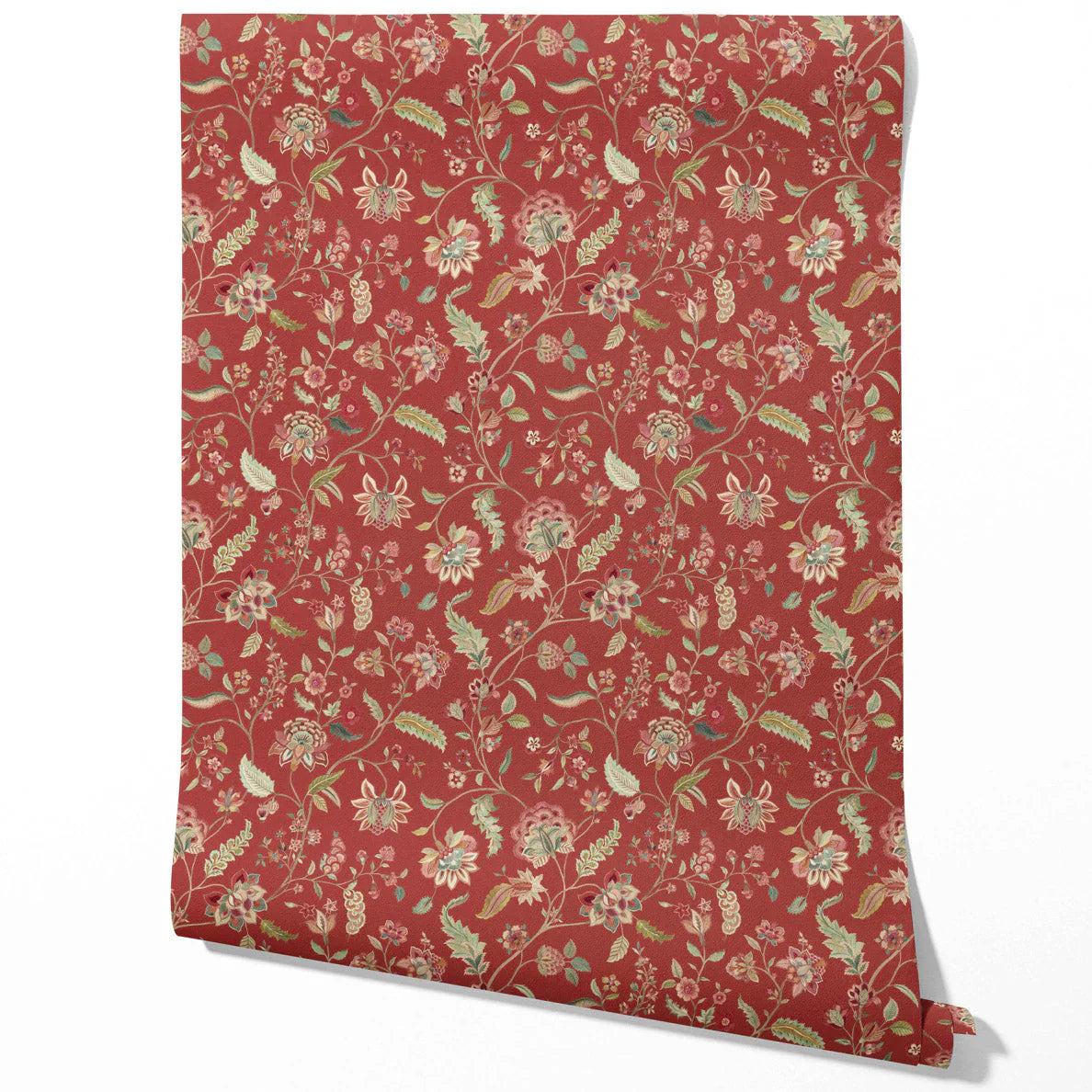 Floral/ Botanical Patterned Traditional Wallpaper Sample (Deep Red/ Green)