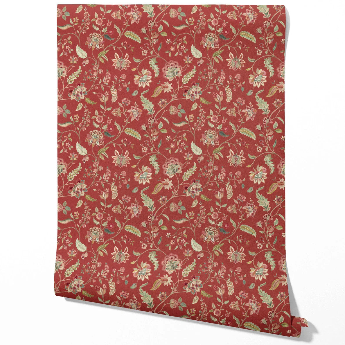 Floral/ Botanical Patterned Traditional Wallpaper (Deep Red/ Green)
