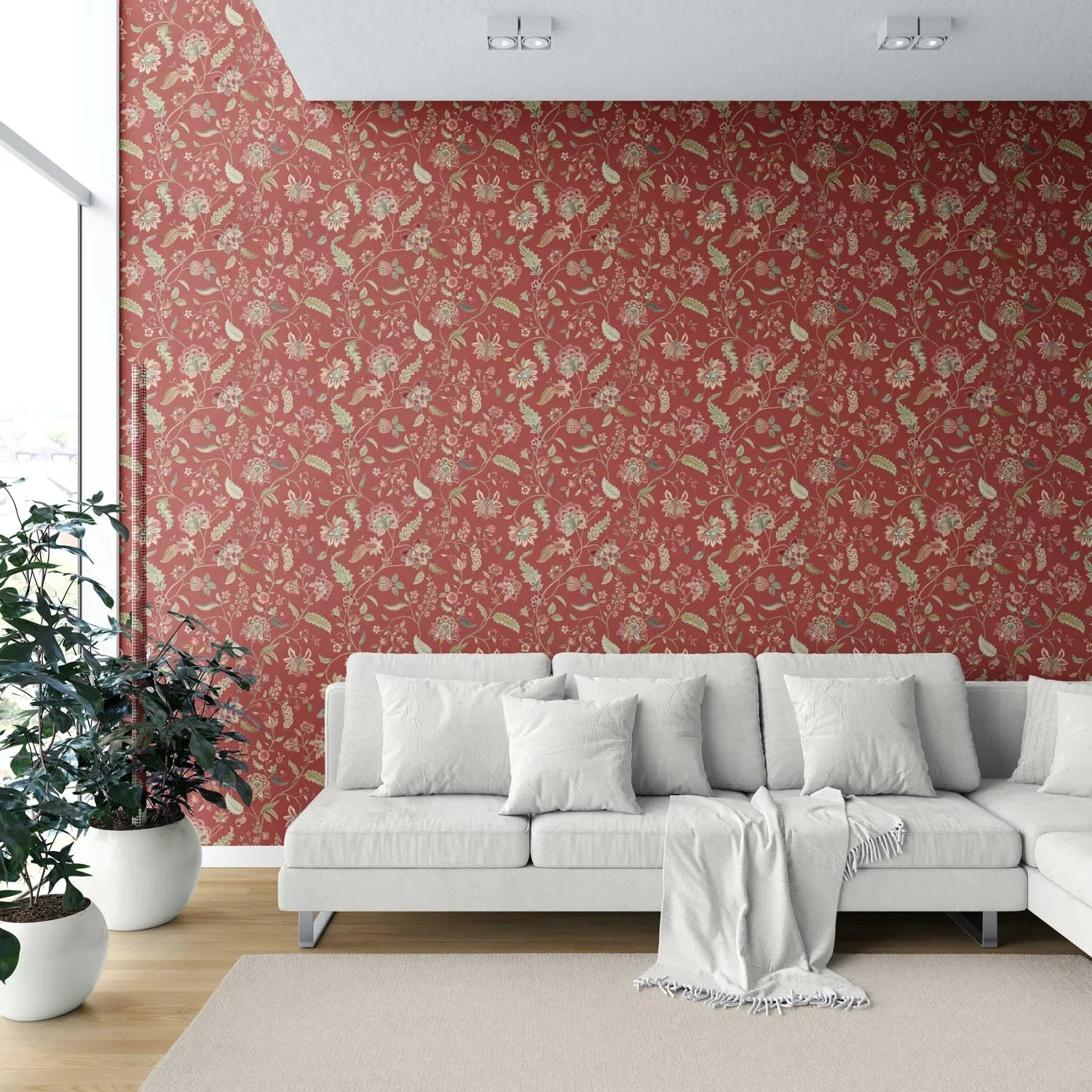 Floral/ Botanical Patterned Shower Toilet Wallpaper (Deep Red/ Green)