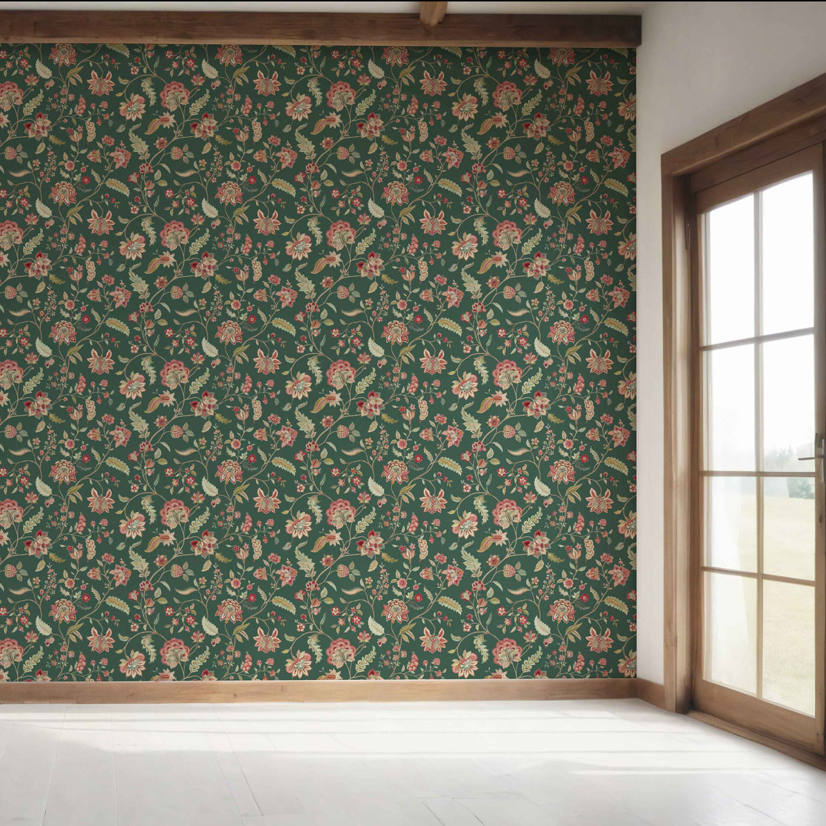 Floral/ Botanical Patterned Bedroom Wallpaper Sample (Green/ Red/ Pink)