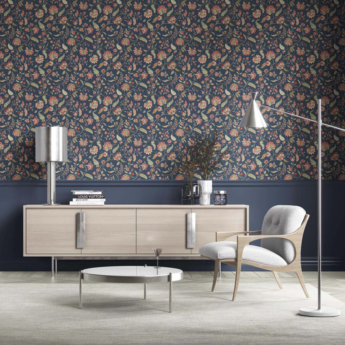 Floral/ Botanical Patterned Kitchen Wallpaper (Navy Blue/ Red/ Pink/ Green)