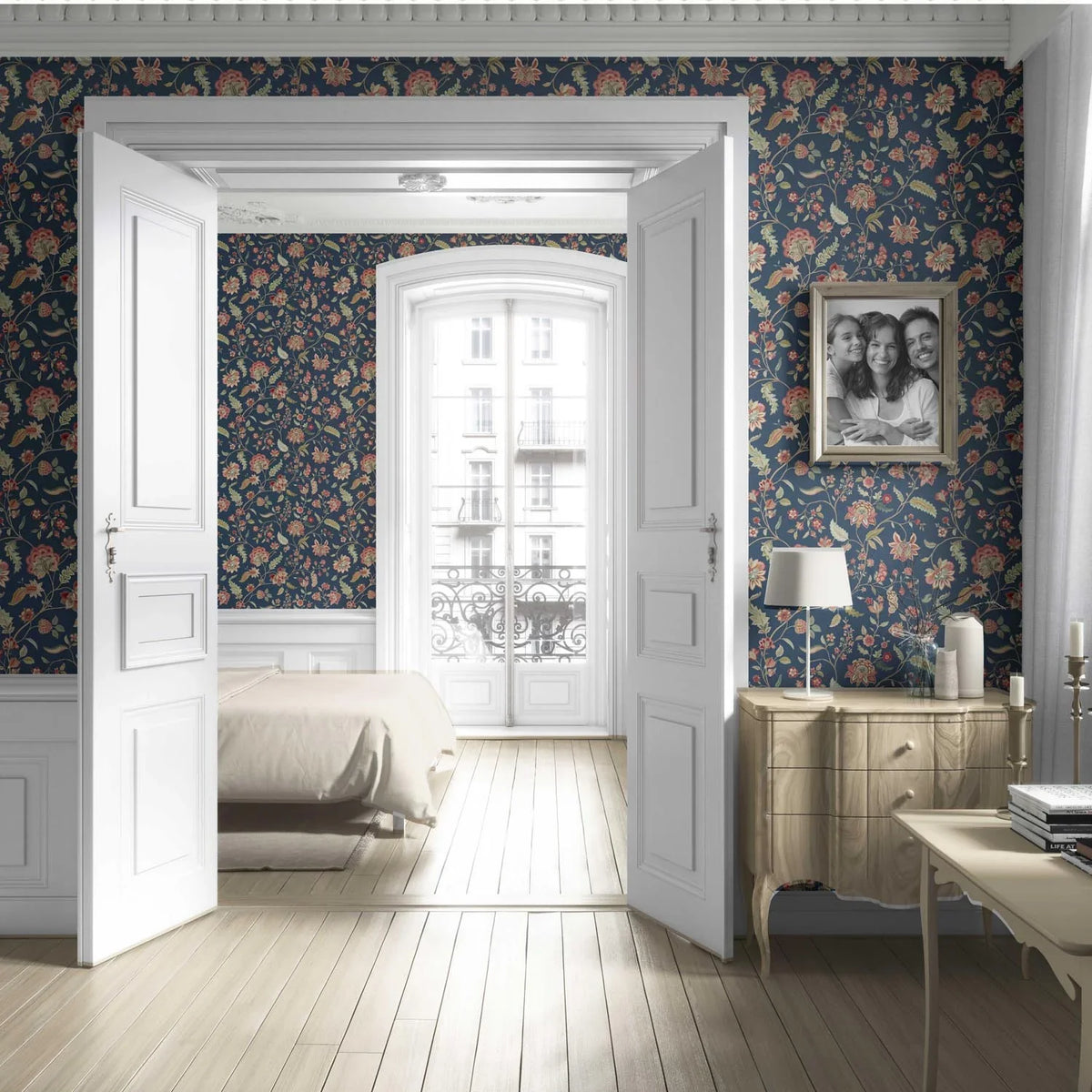 Floral/ Botanical Patterned Living Room Wallpaper Sample (Navy Blue/ Red/ Pink/ Green)