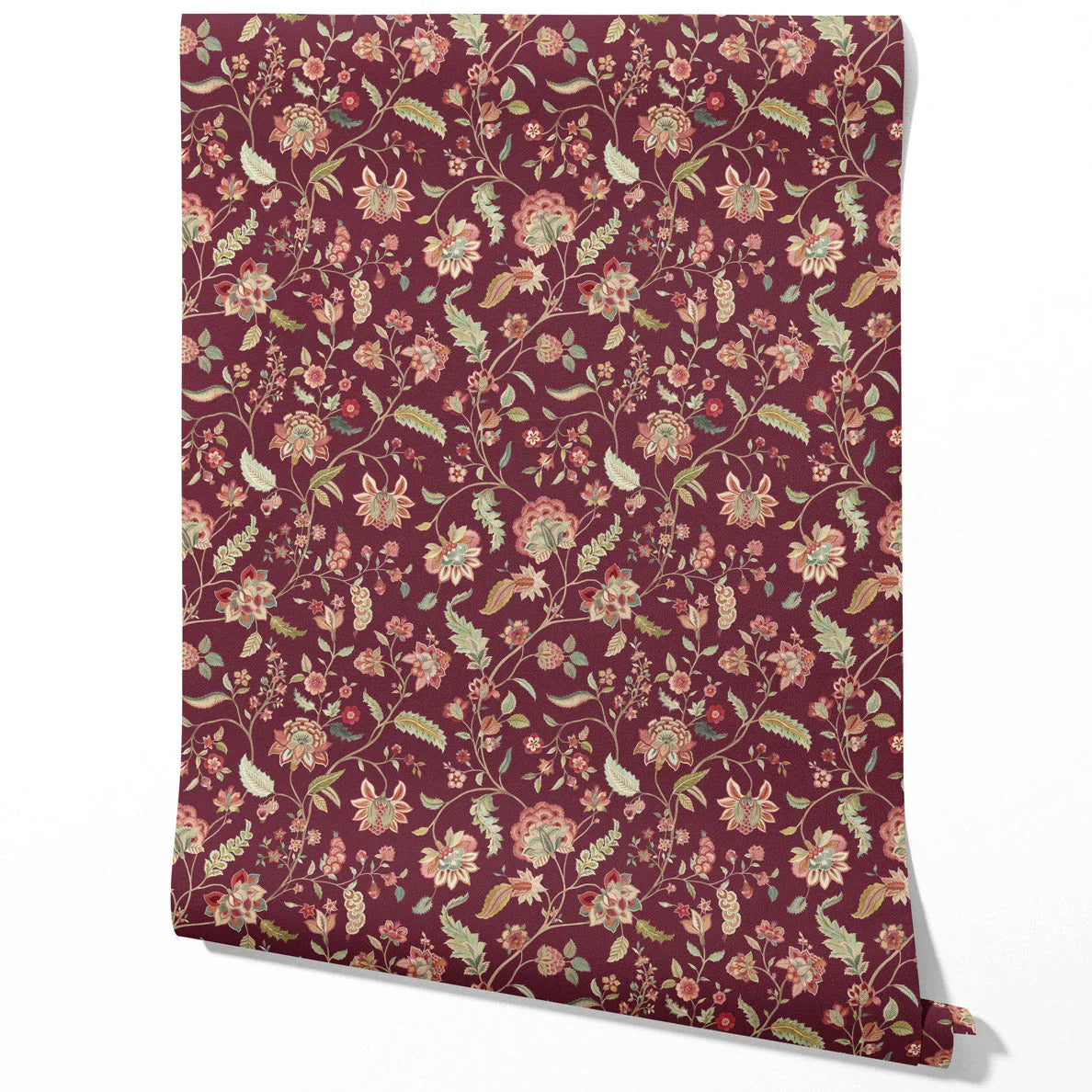 Floral/ Botanical Patterned Traditional Wallpaper Sample (Deep Maroon/ Burgundy/ Pink/ Green)