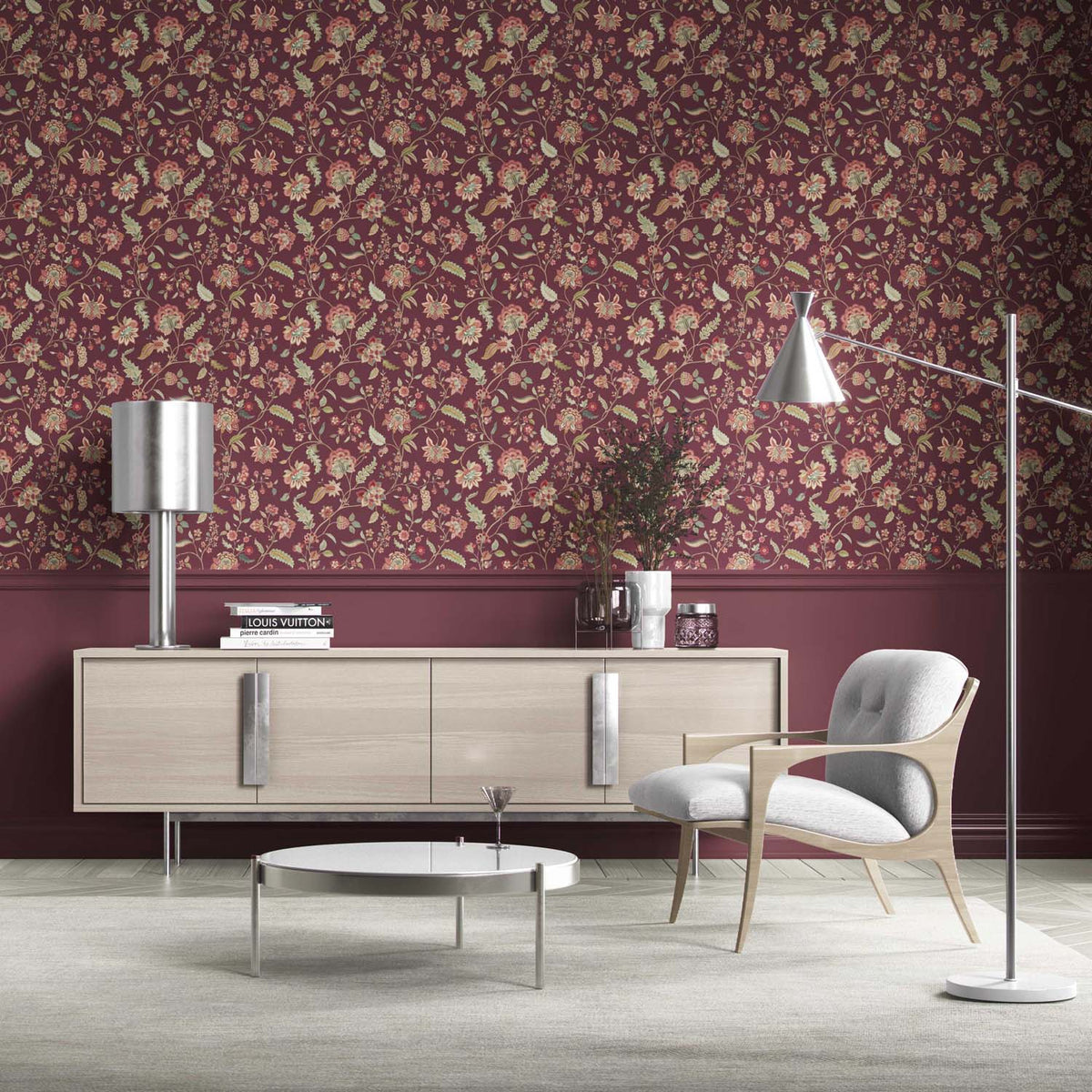 Floral/ Botanical Patterned Kitchen Wallpaper (Deep Maroon/ Burgundy/ Pink/ Green)