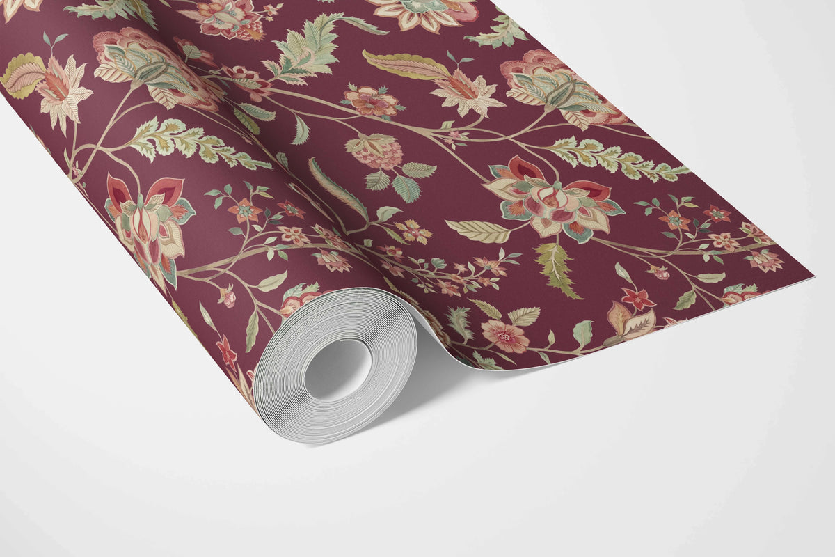 Floral/ Botanical Patterned Bathroom Wallpaper Sample (Deep Maroon/ Burgundy/ Pink/ Green)
