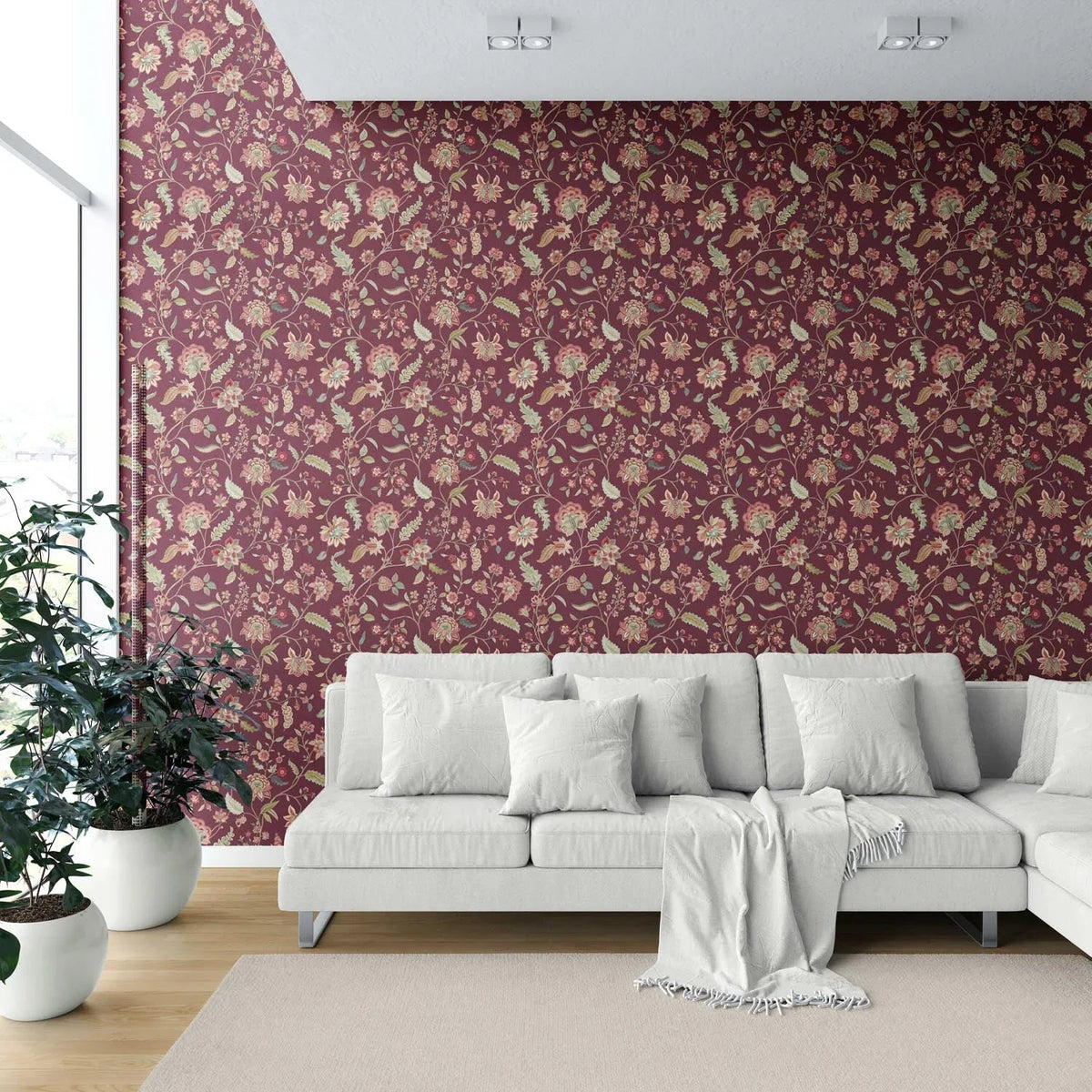 Floral/ Botanical Patterned Shower Toilet Wallpaper Sample (Deep Maroon/ Burgundy/ Pink/ Green)