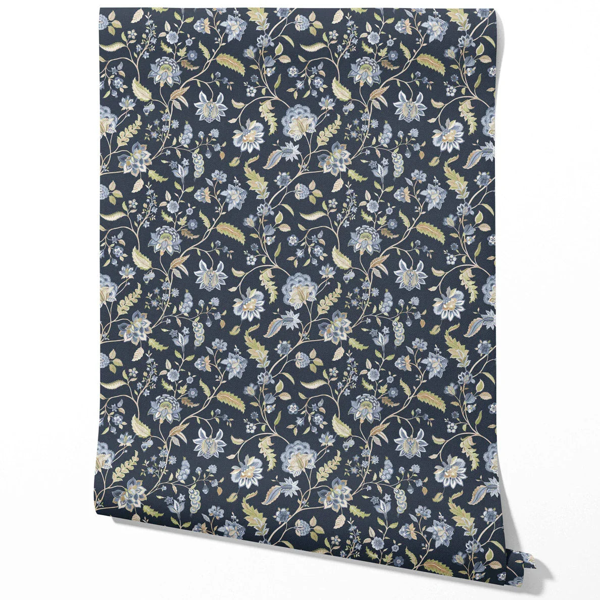 Floral/ Botanical Patterned Traditional Wallpaper (Midnight Blue/ Pale Blue/ Green)