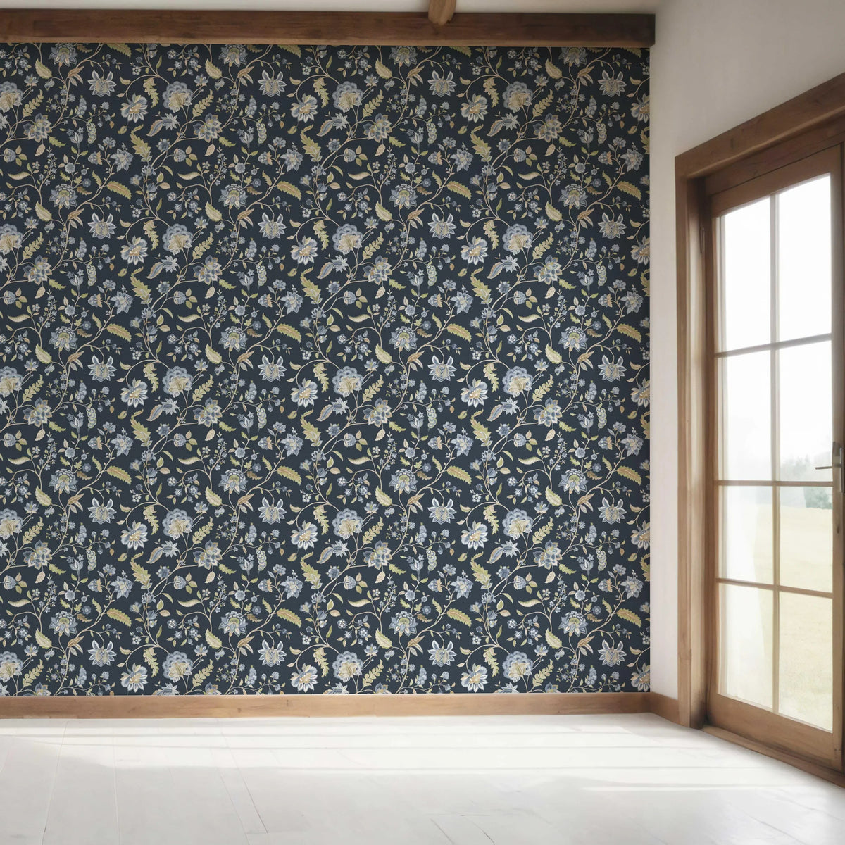Floral/ Botanical Patterned Bedroom Wallpaper Sample (Midnight Blue/ Pale Blue/ Green)